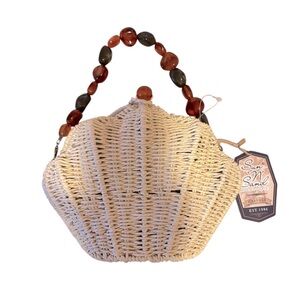 Sun N Sand Cream and Brown Shell Shoulder Bag with Beaded Handle NWT